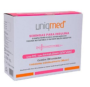 Seringa 1,0mL com Agulha 5mm para Insulina ou Botox 32G (caixa com 100 unidades) - Uniqmed