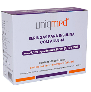 Seringa 0,3mL com Agulha 8mm para Insulina ou Botox 30G  (caixa com 100 unidades) - Uniqmed