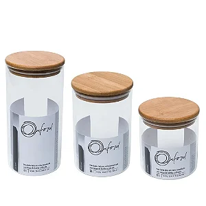 Conjunto Potes Bahia de Vidro Borosilicato com Tampa de Bambu - 3 Tamanhos
