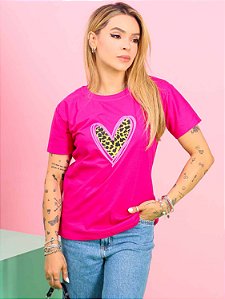 Tshirt Coração Onça - Rosa Fucsia