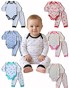 Conjunto Body Manga Longa e Calça Malha Estampado Para Bebê