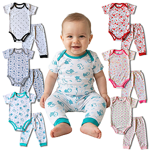 Conjunto Body Manga Curta e Calça Malha Estampado Para Bebê