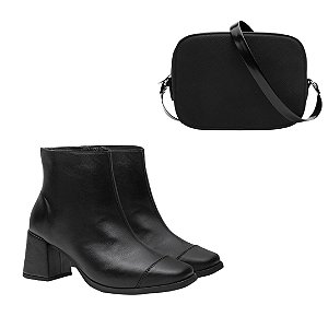 Bota Feminina Couro Cano Baixo Bico Quadrado Salto Grosso+ Bolsa Bag Milão Preto-801