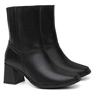 Bota Feminina Couro Cano Médio Zíper Lateral Salto Grosso Preta