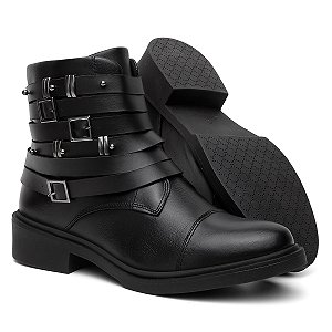 Bota Biker Couro Cano Curto Fivelas Laterais Confortável Preto