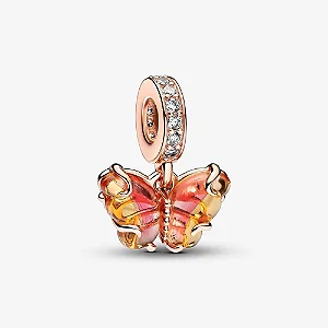 Charm Rose Pendente Borboleta Em Vidro Murano Laranja E Rosa