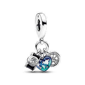 Charm Prata Pendente Câmera, Coração e Bússola