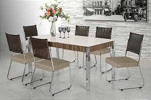 CONJUNTO MESA 6 CADEIRAS FORMATO CROMADA 160X90 COM VIDRO PRETO E TECIDO BEGE