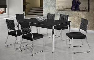 CONJUNTO MESA 6 CADEIRAS FORMATO CROMADA 160X90 COM VIDRO PRETO E CORINO PRETO