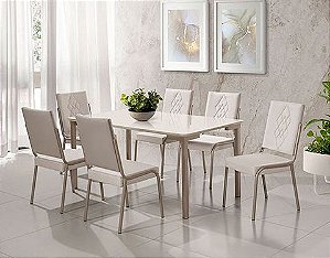 Conj Mesa 6 Cadeiras ISIS 160X90 CJ22 Champagne tp MDF C/ Vidro Off White cad Eloa Linho Bege A503 - AÇO NOBRE
