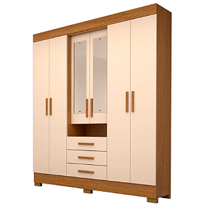 Roupeiro 6 Portas 3 Gavetas c/ Espelho Capelinha 100% MDF Cinamomo Off White - ACP MÓVEIS