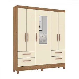 Roupeiro 5 Portas 4 Gavetas C/Pés e Espelhos Vitoria Plus 4322R-355 Canelato Rust- Natural Off White - ATUALLE MÓVEIS
