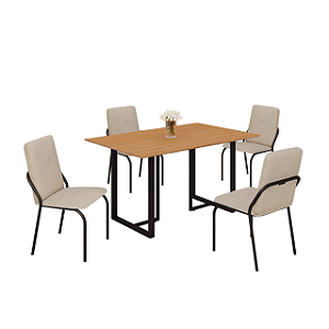 Conjunto Mesa 4 cadeira Lunna 120X90 tb Preto TPO BR Proa Cad. Malibu Tec. Linho Bege - MÓVEIS TEIXEIRA