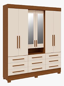 Roupeiro 6 Portas 3 Gavetas c/ Pés e Espelho Debora Capelinha 100% MDF Cinamomo/ Off White - ACP MÓVEIS