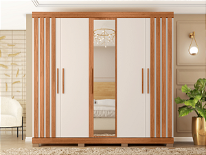 Roupeiro 5 Portas 2 Gavetas c/ Espelho Sofia 2.2 Freijo/ Off White - CAEMMUN