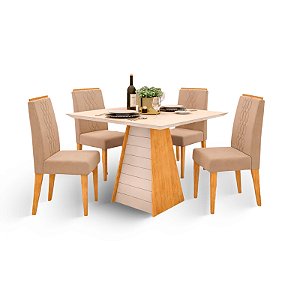 Conjunto Mesa 4 Cadeira Fler 90X90 Tp cha Reto Soft VD Cedro/ Off Cadeira Zoe Veludo Creme - DJ MÓVEIS