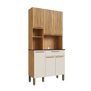 Kit Cozinha 6 Portas 1 Gaveta Tannat Frisado 100% MDF Amêndoa/ Off White - RIO DOCE