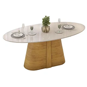 Mesa de Jantar 6 Lugares Ryze Orgânico 218X108 Tampo Oval c/ Vidro Cedro/ Off White - DJ MÒVEIS