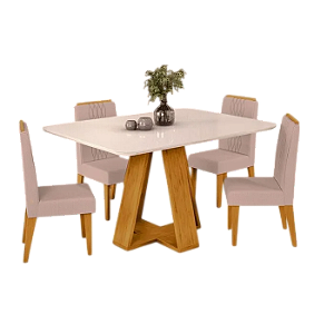 Conjunto Mesa 4 Celeste 120 Tampo Curvo Vidro Cedro/ Off Cadeira Lia Tec Linho Bege - DJ MÓVEIS