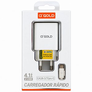 CARREGADOR DE CELULAR A'GOLD TIPO C COM 2 USB MOD. CA28-3
