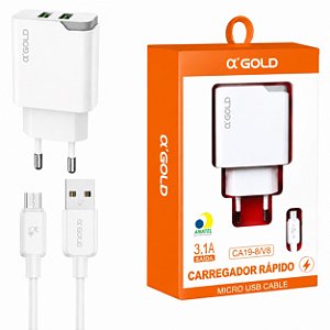 CARREGADOR DE CELULAR A'GOLD V8 COM 2 USB 3.1A MOD. CA19-8