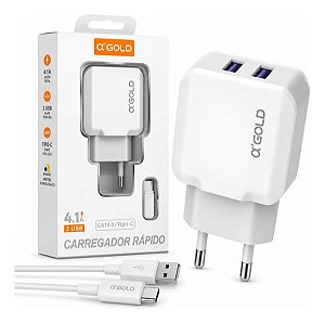 CARREGADOR DE CELULAR A'GOLD TIPO C COM 2 USB 4.1A MOD. CA16-3
