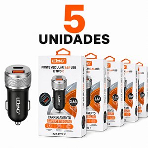 KIT 5 FONTE VEICULAR LELONG USB E TIPO C 12/24V 3.4A LE-530
