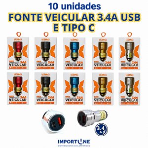 KIT 10 FONTE VEICULAR LELONG USB E TIPO C 12/24V 3.4A LE-530