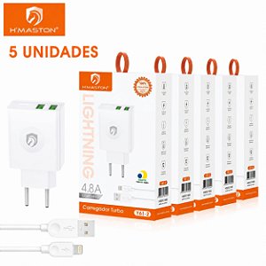 KIT 5 CARREGADOR DE CELULAR H'MASTON PRO 4.8A IPHONE MOD: Y61-2