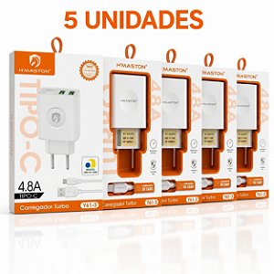 KIT 5 CARREGADOR DE CELULAR H'MASTON PRO 4.8A TIPO C MOD: Y61-3