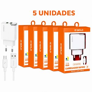 KIT 5 CARREGADOR DE CELULAR A'GOLD V8 COM 2 USB 3.1A MOD. CA19-8