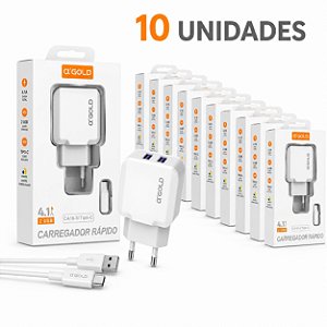 KIT 10 CARREGADOR DE CELULAR A'GOLD IPHONE COM 2 USB 4.1A MOD. CA16-2