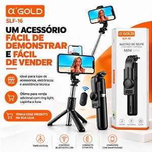 BASTÃO DE SELFIE COM TRIPÉ E CONTROLE BLUETOOTH PARA CELULAR A’GOLD SLF-16