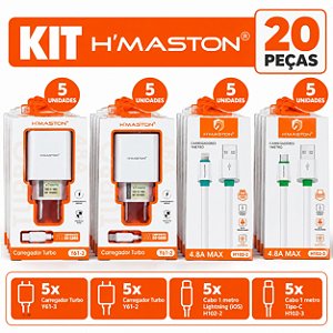 KIT H'MASTON 20 PEÇAS COM 10 CARREGADORES TURBO E 10 CABOS USB TIPO-C E LIGHTNING – ATACADO