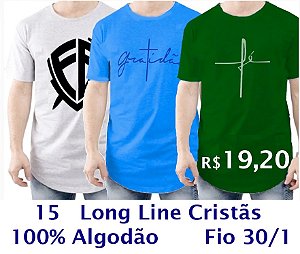 Kit 15 Camisetas LongLine Cristãs 100% Algodão Fio 30/1 - ESTAMPADAS SORTIDAS, GOLA REDONDA - apenas R$19,20 cada