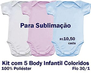 PROMOÇÃO - Pacote com  5 Body Infantis 100% Poliéster Fio 30/1 CORES BRANCO,ROSA,AZUL - LISAS, SEM ESTAMPA - apenas R$10,50 cada