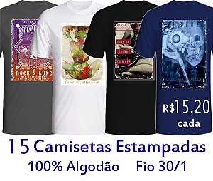 PROMOÇÃO - Pacote com 15 Camisetas Estampadas 100% Algodão fio 30/1 - GOLA REDONDA E GOLA V - apenas R$ 15,20 cada