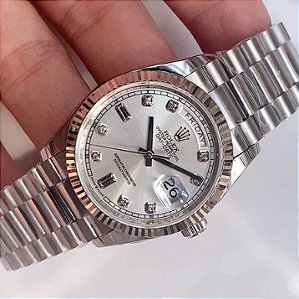RELOGIO ROLEX DAY DATE PRATA FUNDO PRATA C/ PULSEIRA PRESIDENT 41MM
