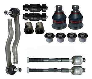 02 TERMINAIS + 02 PIVOS + 02 BRACOS AXIAIS + 02 BIELETAS + 02 BUCHAS DA BARRA ESTABILIZADORA + 04 BUCHAS DE BANDEJA/BRACOS DIANT OU TRAS trocados