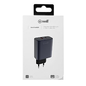 Carregador GaN 65W com 1 USB e 1 USB-C PD