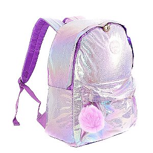 Mochila Feminina Barbie Holográfica Roxa c Pompom de Costa