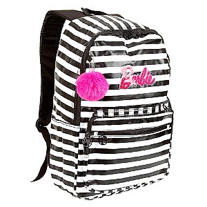 Mochila Barbie Listrada Branco e Preto com Pompom de Costa