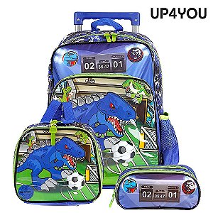 Kit Mochila Escolar Infantil Dinossauro Jogador Com Rodinhas