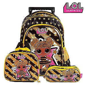 Kit Mochila Escolar Infantil Lol Glitter Dourado Com Rodinha