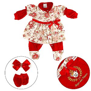 Saída De Maternidade Menina C Acessórios Vermelha com Flores