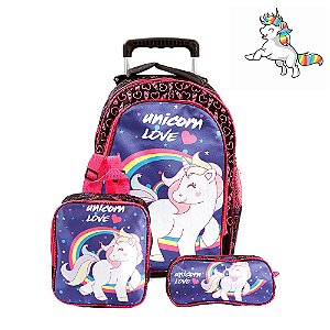 Kit Mochila Escolar Infantil Unicórnio Roxa Com Rodinha