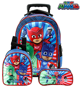 Kit Mochila Infantil Escolar 3d Com Rodinhas Pj Masks