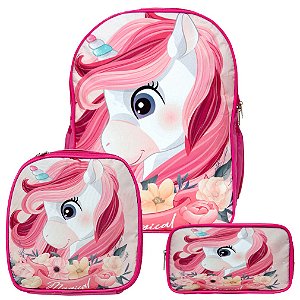Mochila Escolar Unicórnio Zoo Costas Kit Lancheira+Estojo
