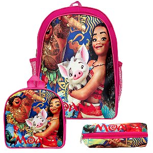 Mochila Escolar Moana Pua Grande Costas Kit Lancheira+Estojo