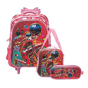 Kit Mochila Infantil Escolar Miraculous 3D Ladybug C Rodinha